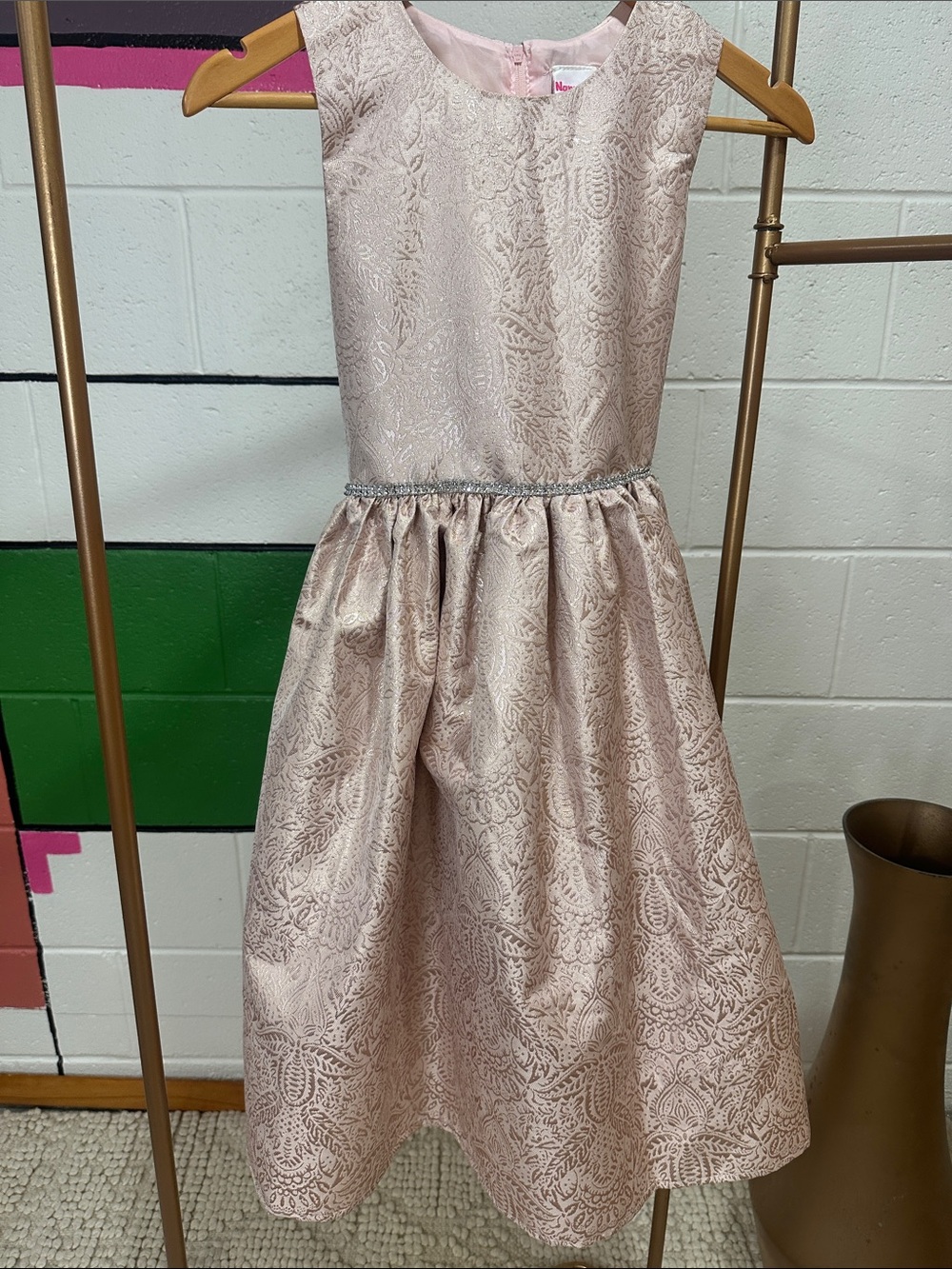 Girls' Shimmering Blush Pink Party Dress with Embroidered Jacquard